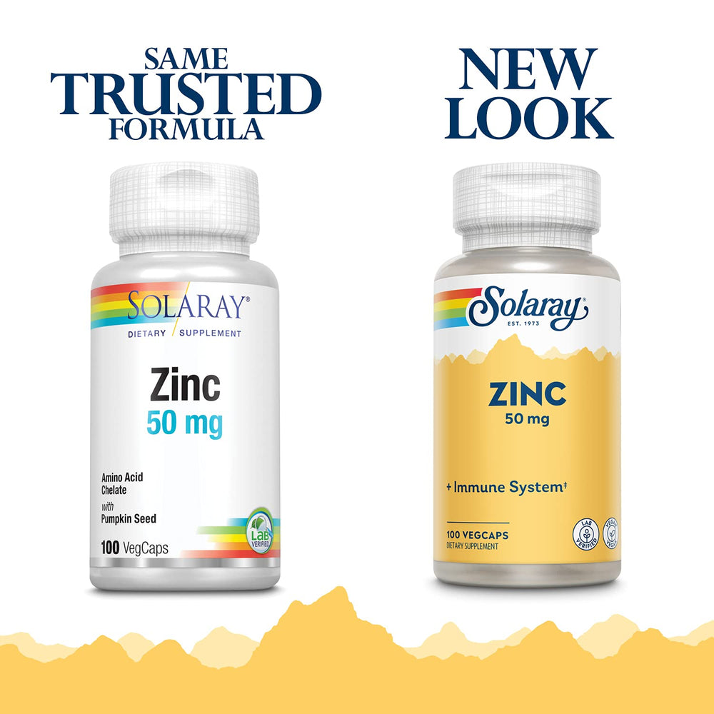Close-up of SOLARAY Zinc 50 mg capsules in a veggie capsule format for easy swallowing