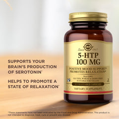 Solgar 5-HTP bottle shows dosage guidance and plant-based ingredients.