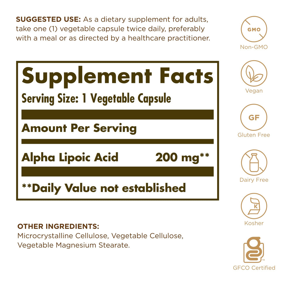 Solgar Alpha Lipoic Acid 200 mg bottle label showing non-GMO vegan ingredients.