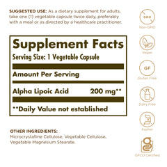 Solgar Alpha Lipoic Acid 200 mg bottle label showing non-GMO vegan ingredients.