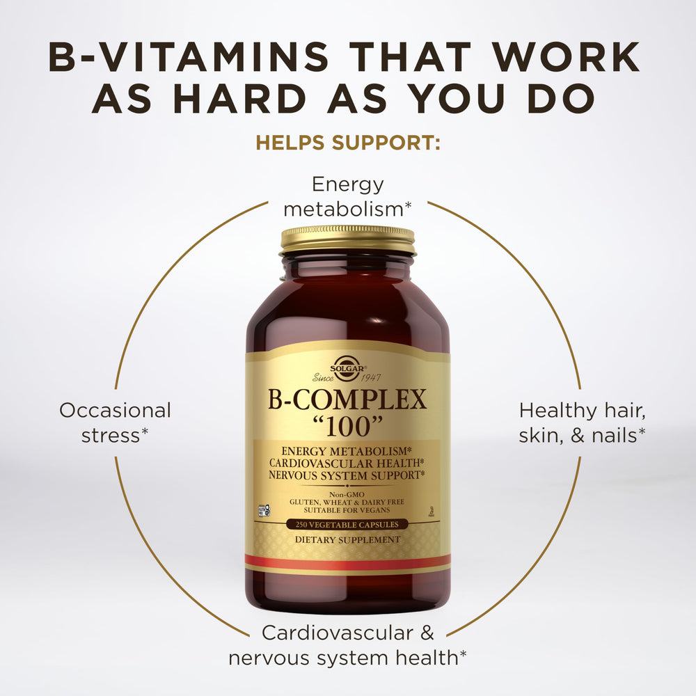 Solgar B-Complex 100 vegan non-GMO packaging emphasizes gluten-free and dairy-free options