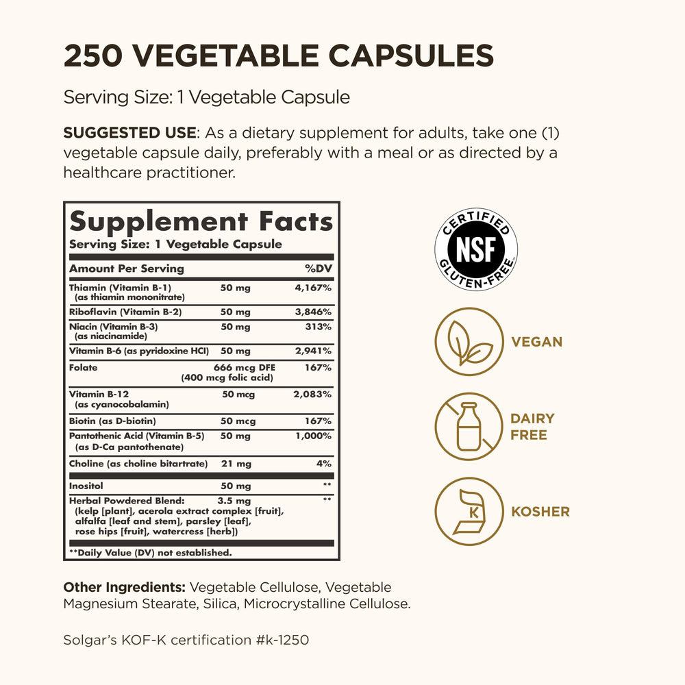 Solgar B-Complex 50 label closeup showing B vitamin benefits