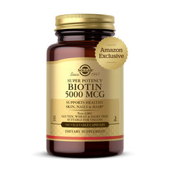 Solgar Biotin 5000 mcg bottle for daily hair, skin, and nails support.