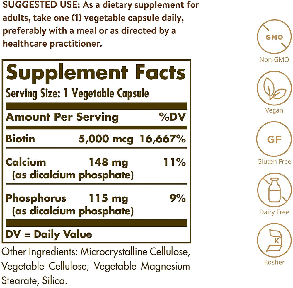 Solgar Biotin 5000 mcg capsules ready for a daily routine.