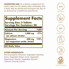 Solgar Calcium Magnesium Citrate bottle label showing non-GMO vegan gluten-free attributes