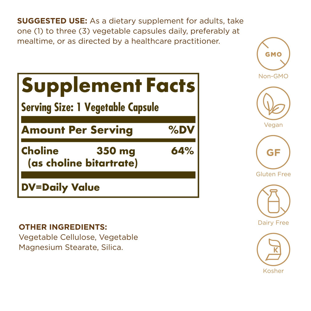 Solgar Choline 350 mg label — vegan, non-GMO formula with kosher certification.