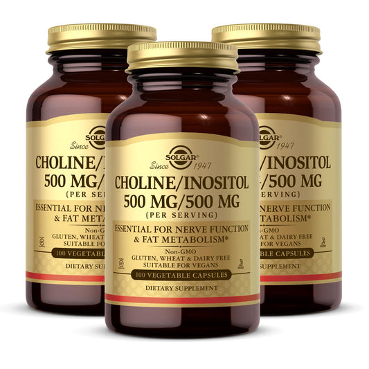 Solgar Choline/Inositol 3-pack bottle on shelf, signaling convenient energy metabolism support.
