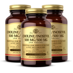 Solgar Choline/Inositol 3-pack bottle on shelf, signaling convenient energy metabolism support.