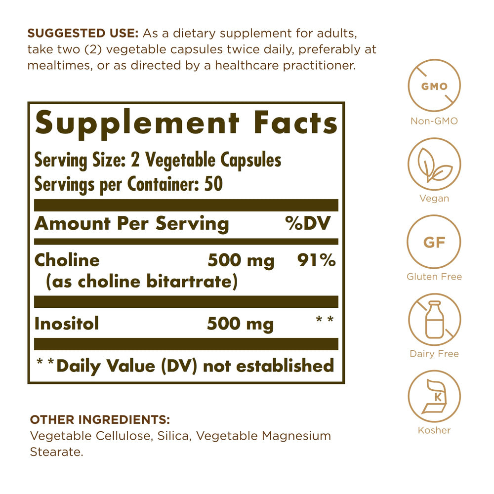 Solgar Choline/Inositol capsules closeup show vegan capsules.