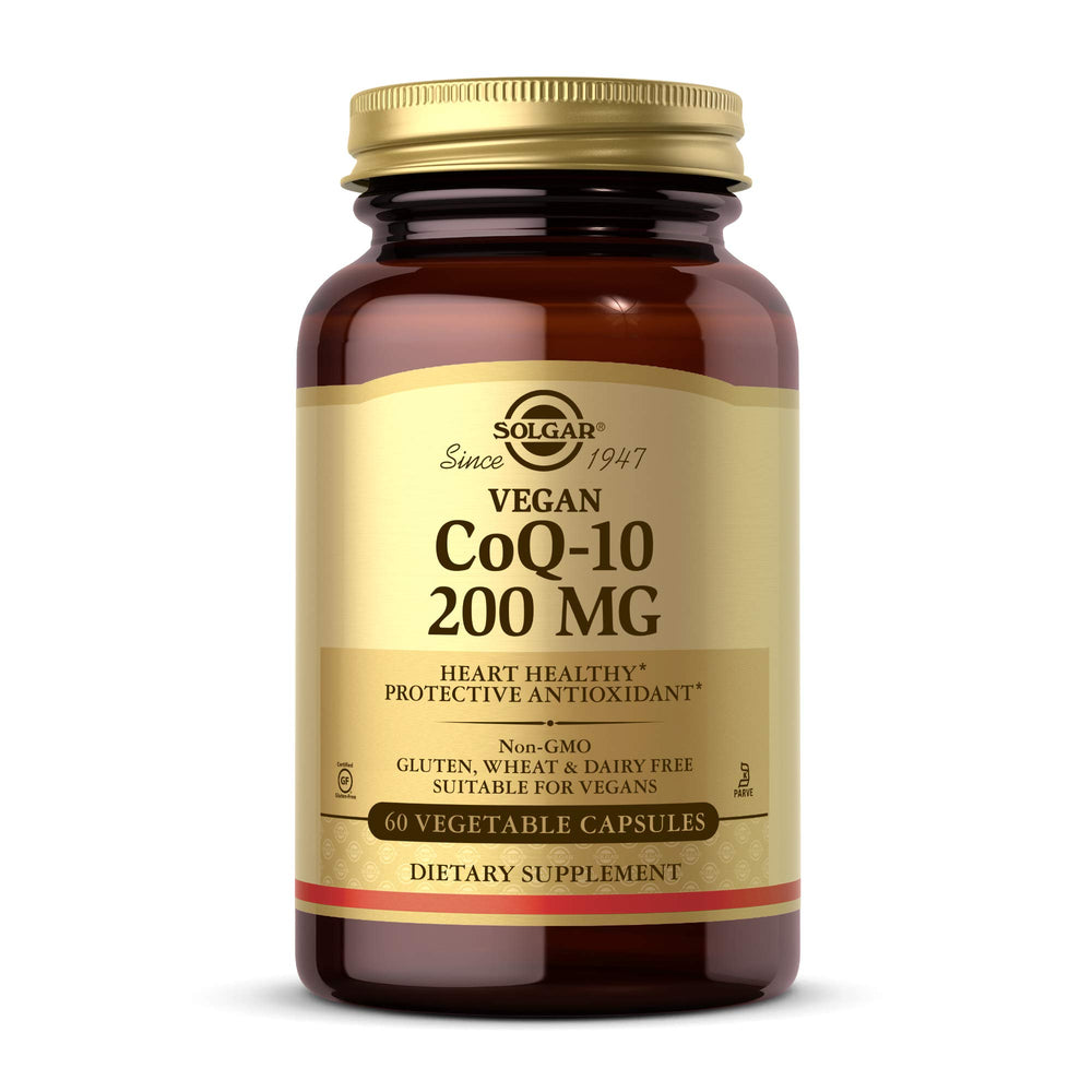 Solgar CoQ-10 200 mg bottle close-up, premium packaging