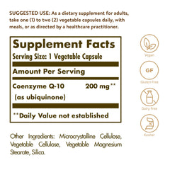 Solgar CoQ-10 label shows vegan, gluten-free, kosher features