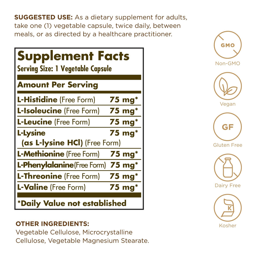 Solgar Essential Amino Complex bottle back showing non-GMO vegan details.