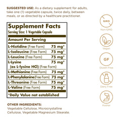 Solgar Essential Amino Complex bottle back showing non-GMO vegan details.