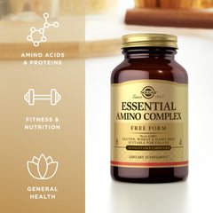 Solgar Essential Amino Complex ingredients panel highlighting essential amino acids.
