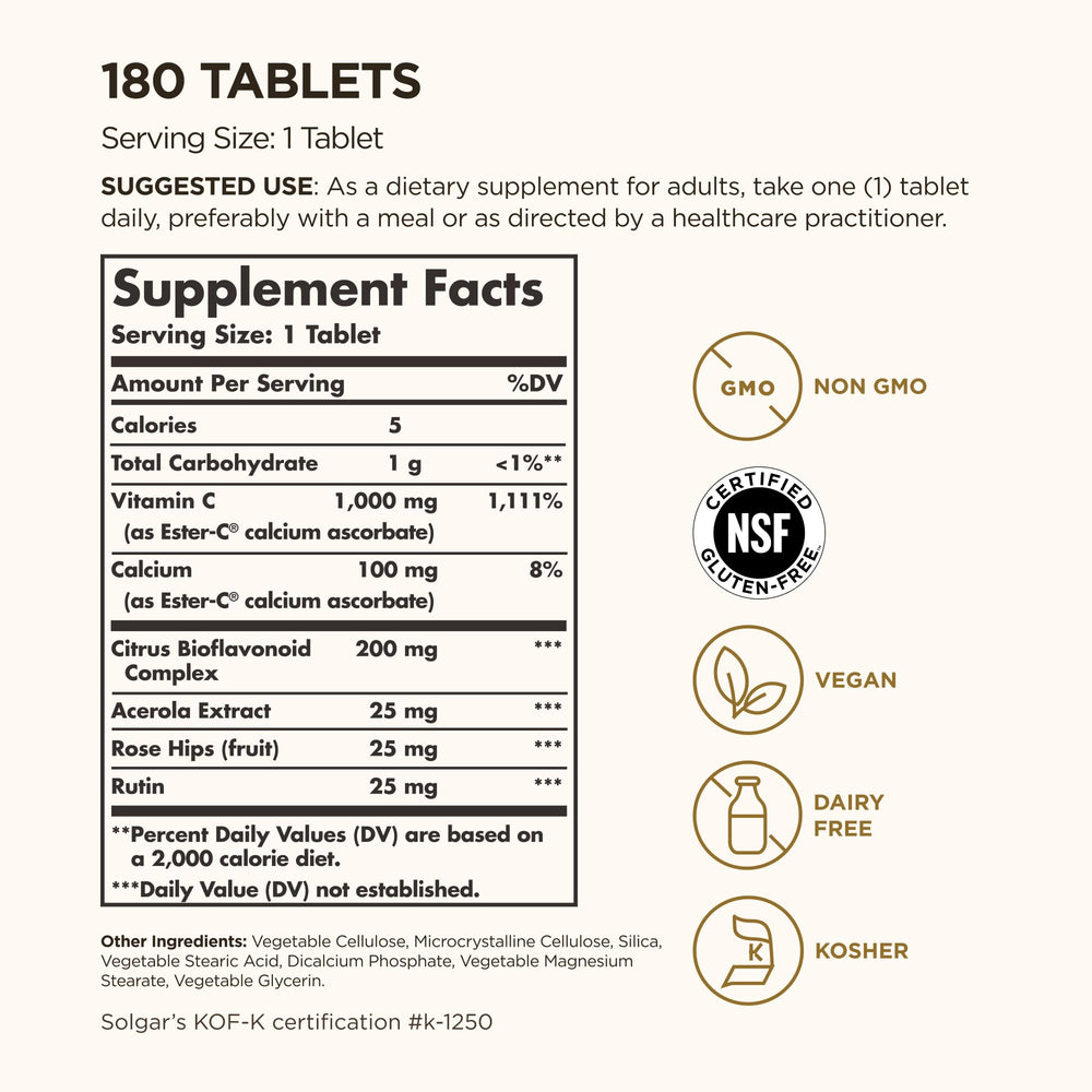 Solgar Ester-C Plus 1000mg tablets close-up, easy to swallow