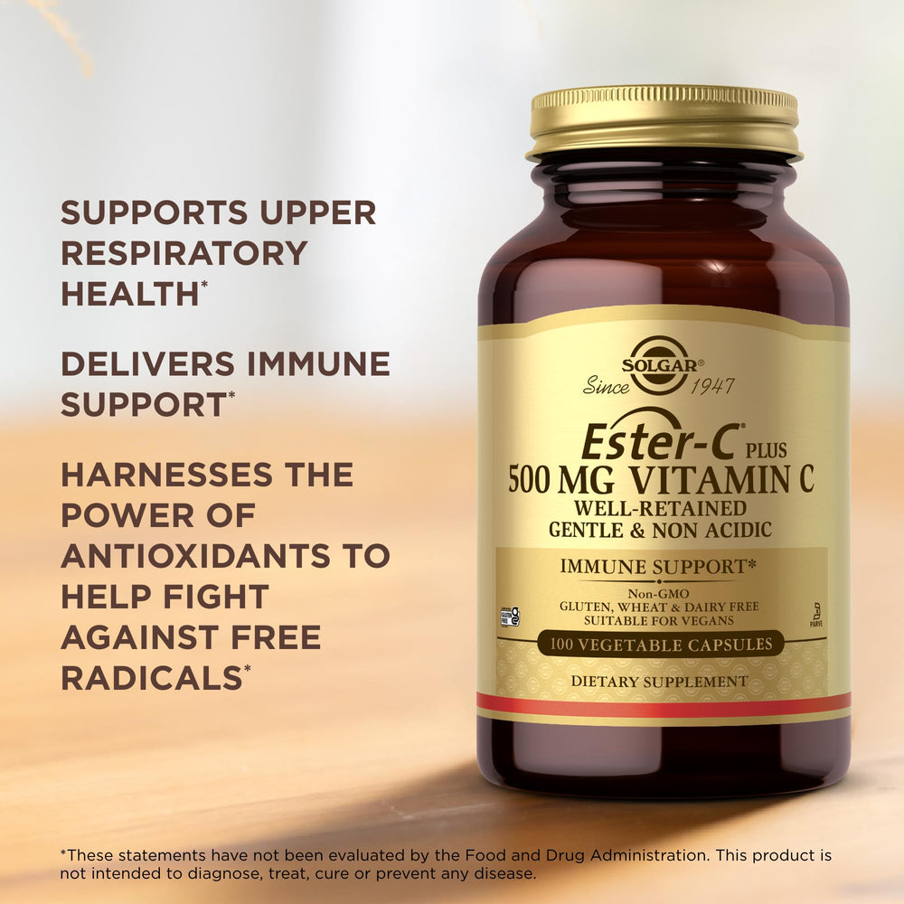 Solgar Ester-C Plus capsules close-up with smooth texture.