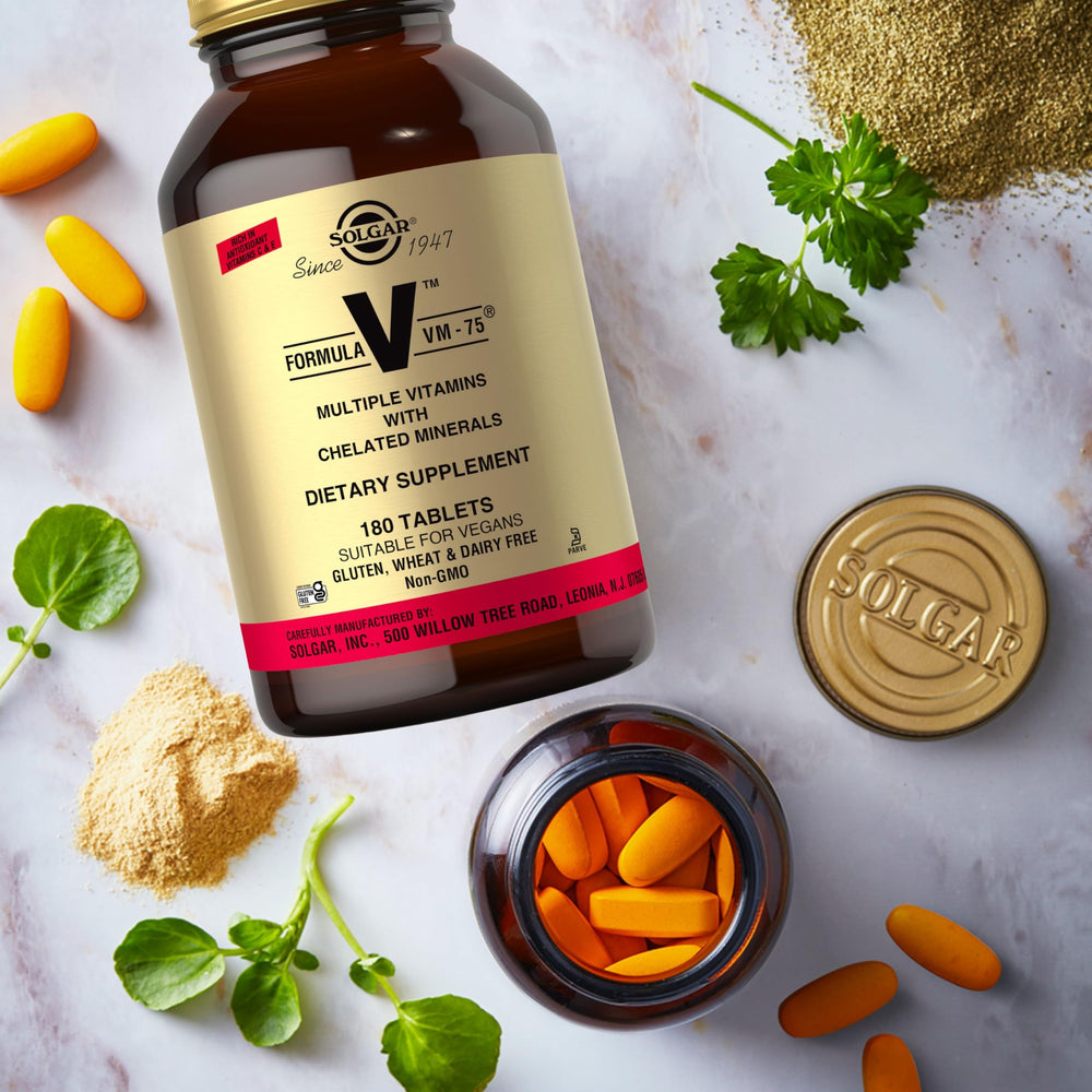 Solgar VM-75 bottle with antioxidant symbols signaling everyday vitality.
