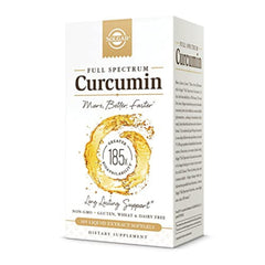 Solgar Full Spectrum Curcumin bottle label highlights advanced absorption and quality.
