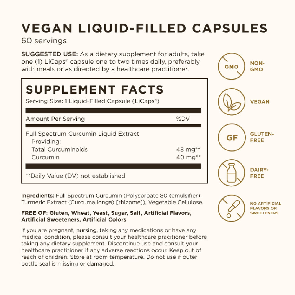 Solgar Full Spectrum Curcumin LiCap bottle being poured for convenient daily dosage