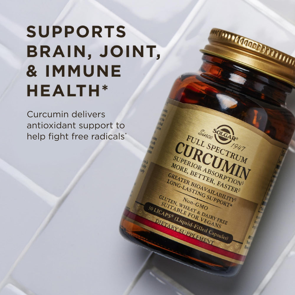 Solgar Full Spectrum Curcumin LiCaps in lifestyle scene supports healthy routine