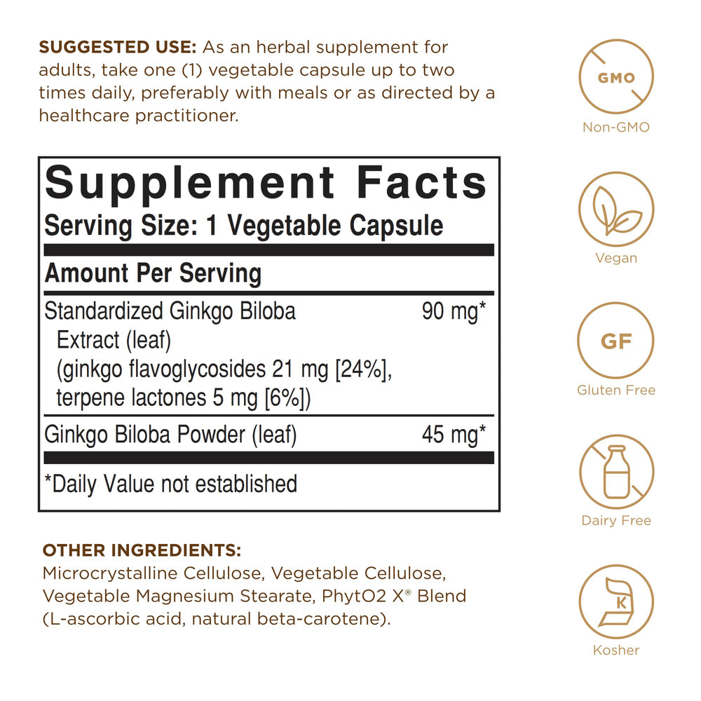 Solgar Ginkgo Biloba capsules in vegan formula for clean daily use.