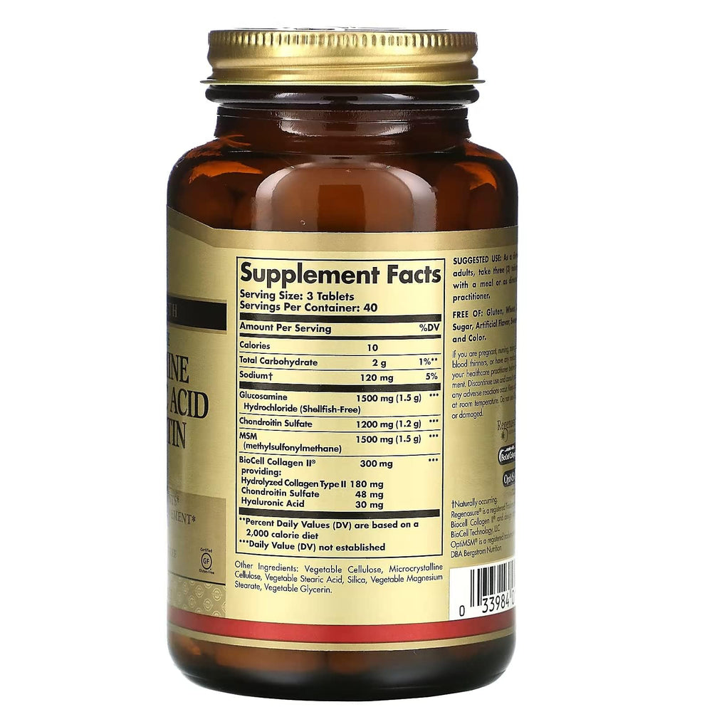 Solgar glucosamine bottle back displays label details supporting informed usage for joints