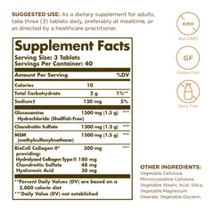Solgar bottle label close-up highlighting ingredients for daily joint comfort.