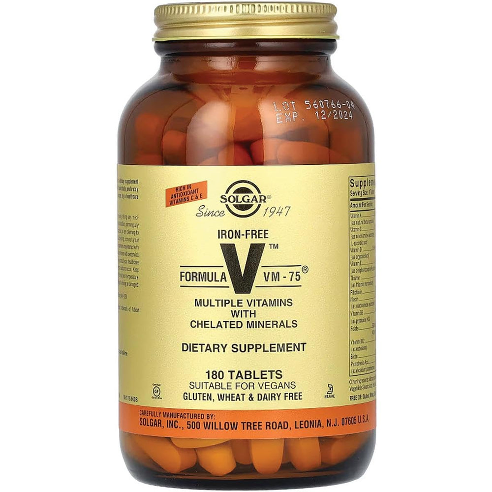 Solgar Iron-Free VM-75 nutrition facts image highlighting essential vitamins and minerals
