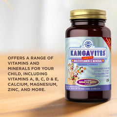 Solgar Kangavites packaging shows vegan and gluten-free claims for parents.