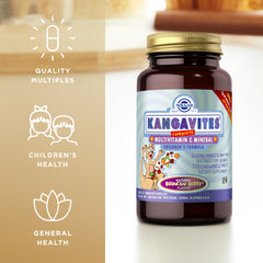 Solgar Kangavites ingredients panel highlighting essential nutrients for growing kids.
