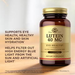 Solgar Lutein softgels displayed with gluten-free and dairy-free attributes.