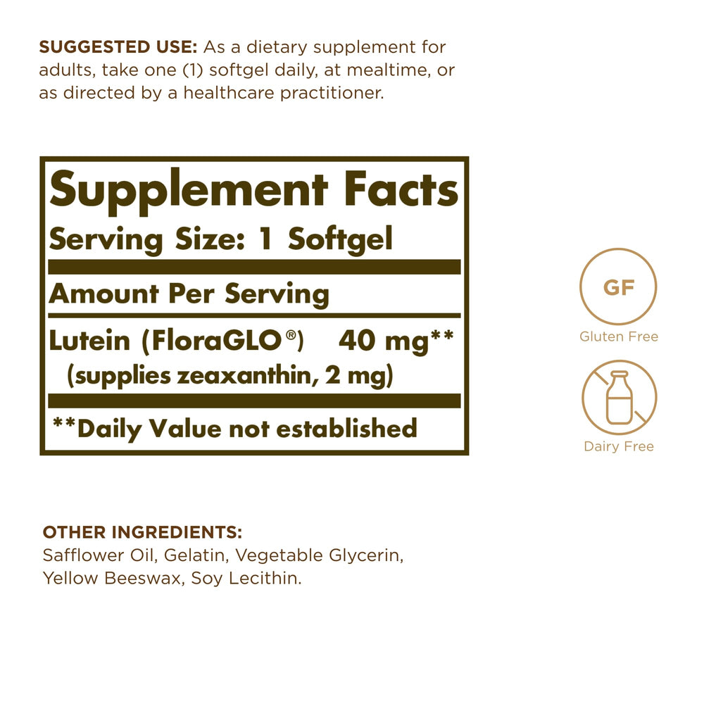 Close-up of Solgar Lutein softgels highlighting smooth gel texture.