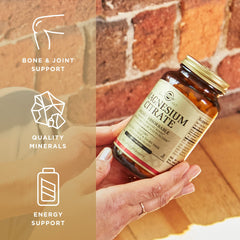 Solgar Magnesium Citrate label detail noting vegan, non-GMO and gluten-free claims.