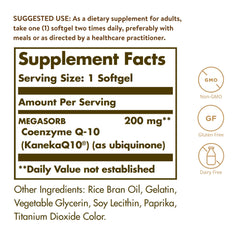 Solgar Megasorb CoQ-10 label closeup; highlights enhanced absorption and benefits.