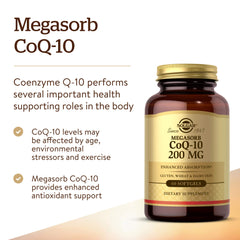 Solgar Megasorb CoQ-10 softgels in glass; convenient ingestion and oil-based formula.