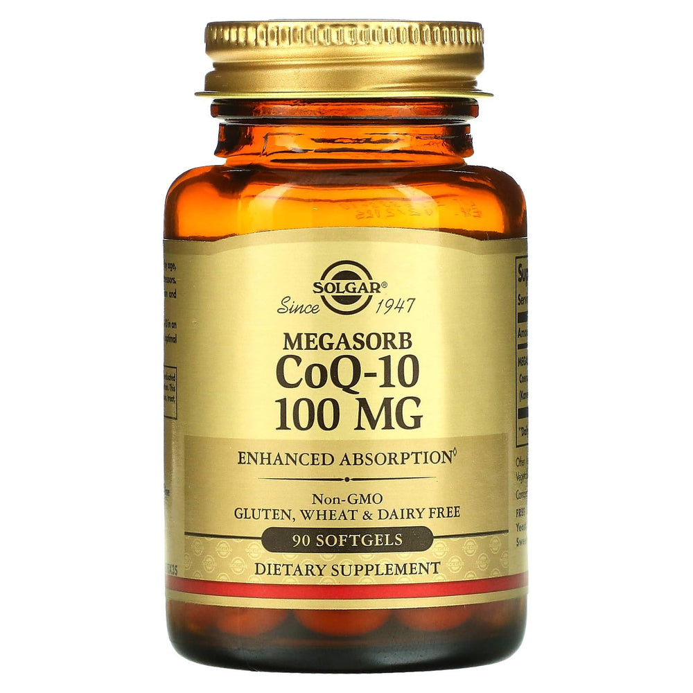 Front label of Solgar Megasorb CoQ-10 emphasizing quality and non-GMO