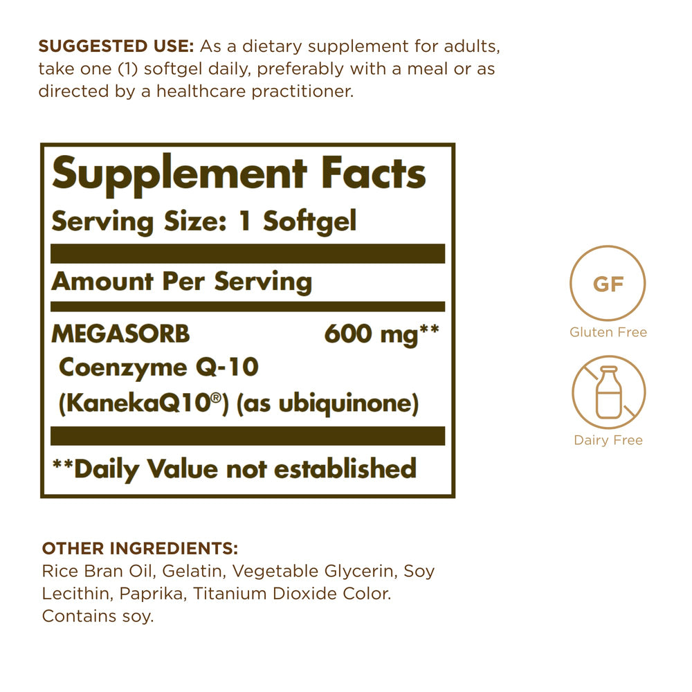 Solgar Megasorb CoQ-10 softgels close-up showing easy-to-swallow capsules