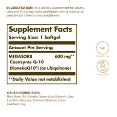 Solgar Megasorb CoQ-10 softgels close-up showing easy-to-swallow capsules