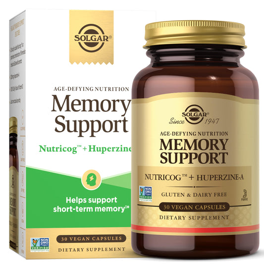 Solgar Memory Support bottle front with Nutricog and vitamin D on label.