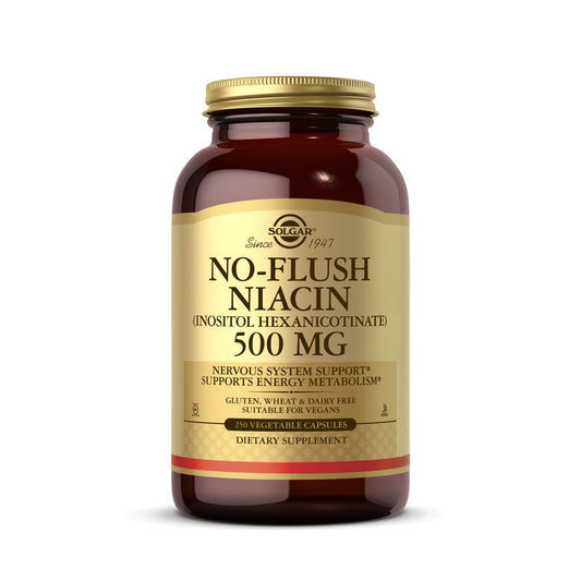 Solgar No-Flush Niacin 500mg bottle front signals reliable energy support.
