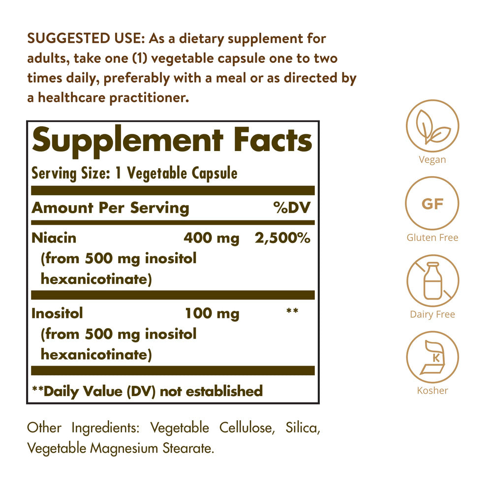 Solgar No-Flush Niacin 500mg capsules closeup shows uniform veggie capsules for daily use.
