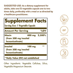 Solgar No-Flush Niacin 500mg capsules closeup shows uniform veggie capsules for daily use.