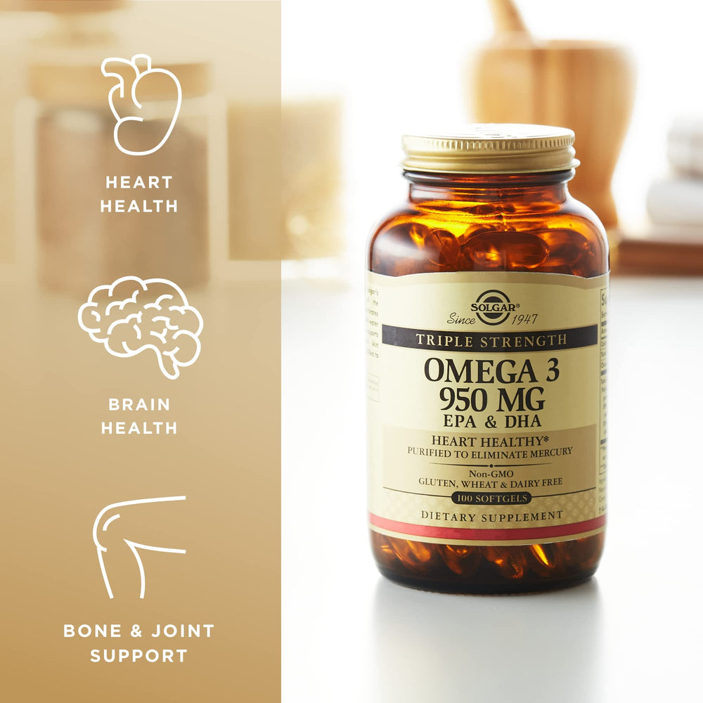 Solgar Omega-3 bottle label closeup emphasizing product details and Non-GMO features.