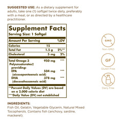 Solgar Omega-3 softgels on table highlighting dairy-free and gluten-free benefits.