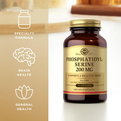 Solgar Phosphatidylserine 200 mg softgels bottle closeup showcases gluten-free formulation.