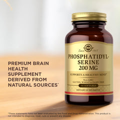 Solgar PS 200 mg softgels label design emphasizes premium quality and natural ingredients.