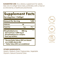 Solgar Phosphatidylserine 200 mg softgels pack highlights convenient brain support routine.