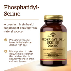 Solgar phosphatidylserine softgels close-up showing 60 capsules for brain health.