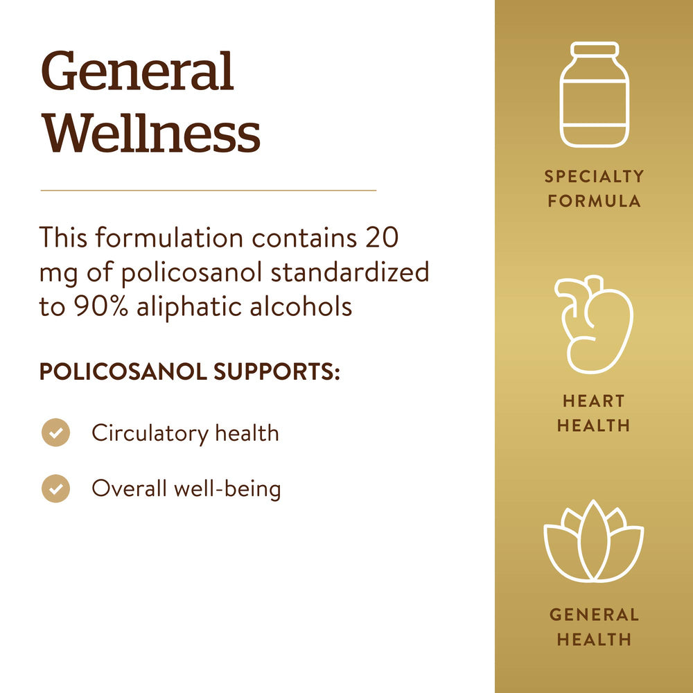 Solgar Policosanol 20 mg bottle front emphasizing premium vegan formula.