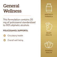Solgar Policosanol 20 mg bottle front emphasizing premium vegan formula.